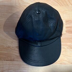 Vtg Genuine Leather Ball Cap Hat OS Black Classic Gothic Elastic